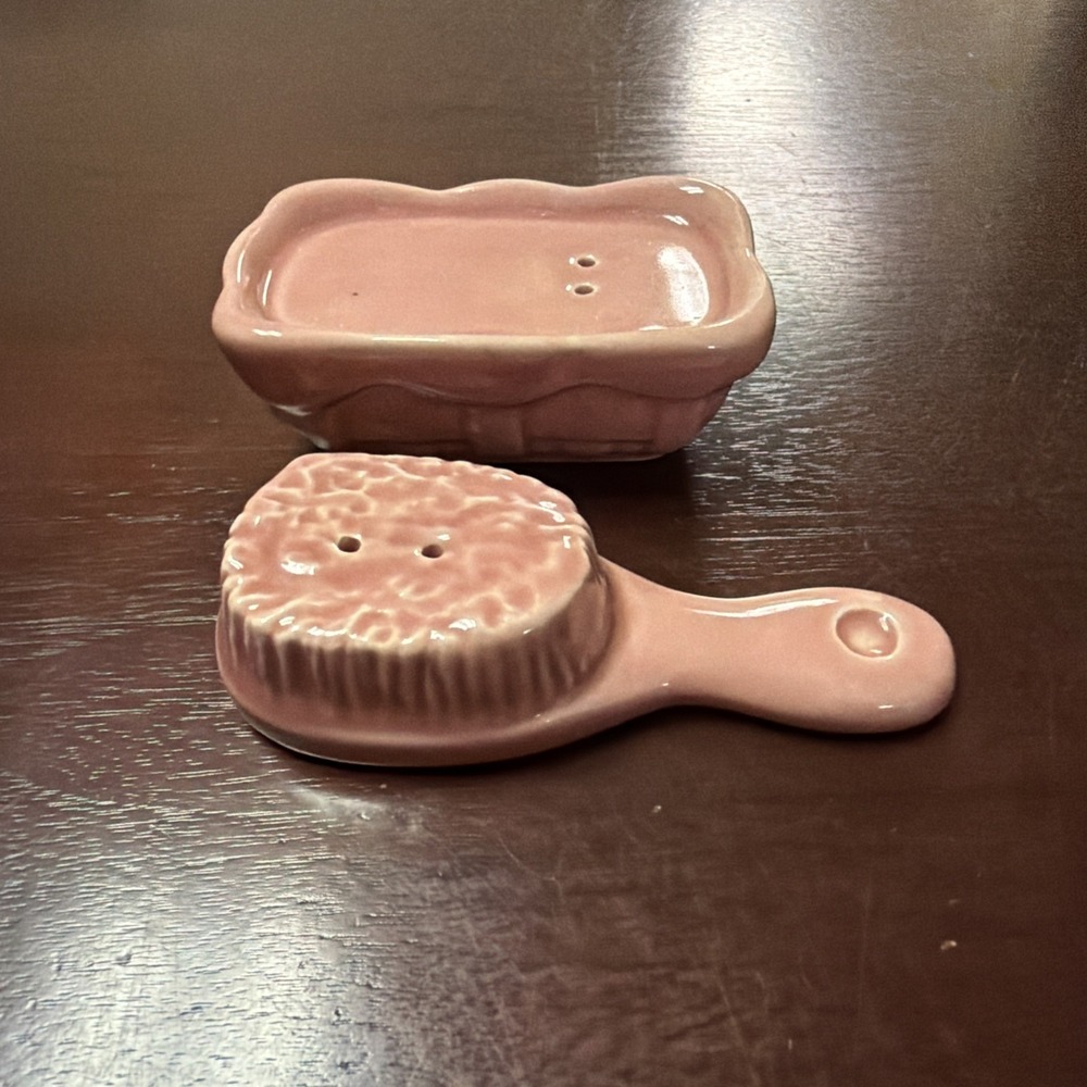 Vintage Ceramic Pink Soap Dish And Brush Salt And Pepper Shaker.